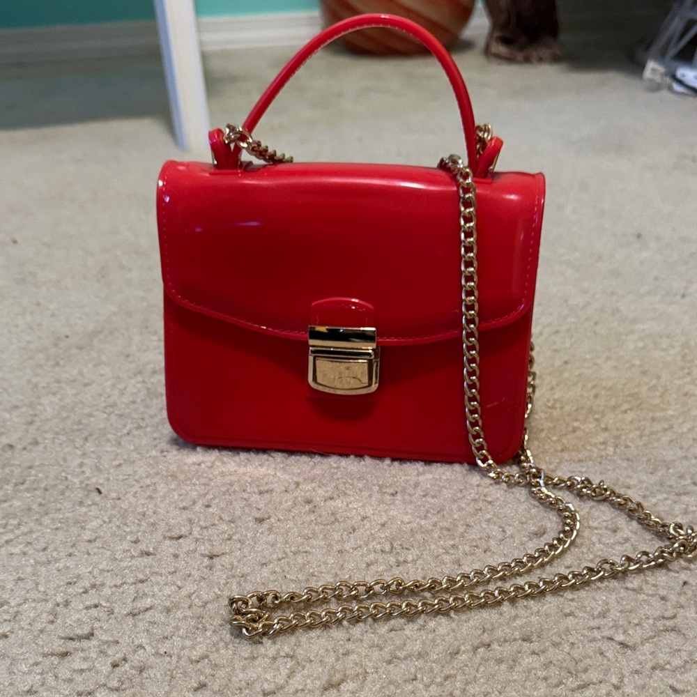 Red Patent Handbag with Gold Chain